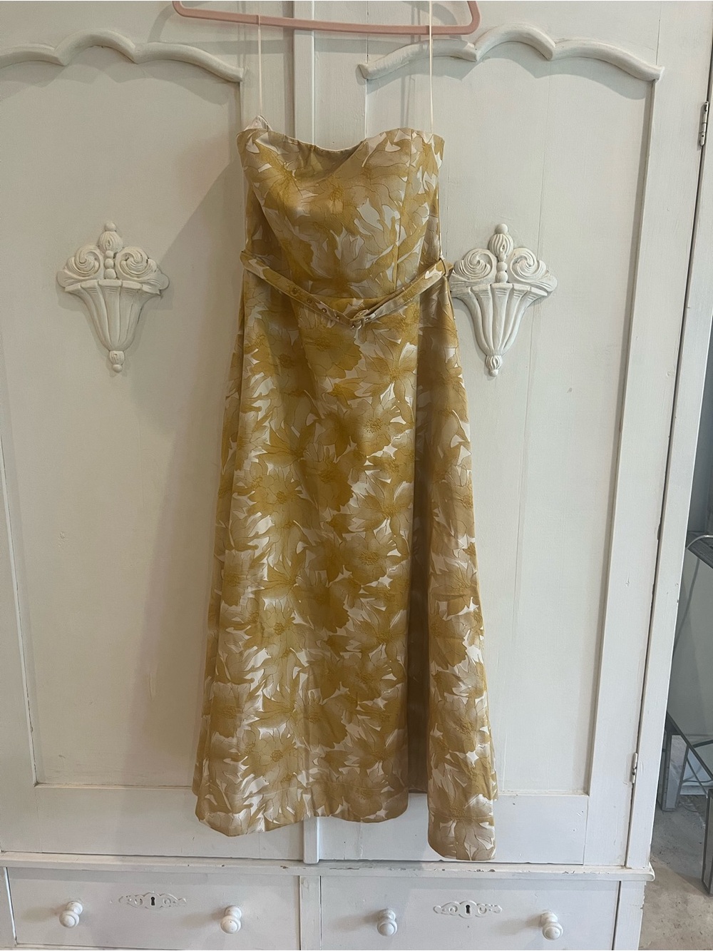 NWT FreeMarket by Flying Tomato Strapless Gold Floral A-Line Midi Dress Large